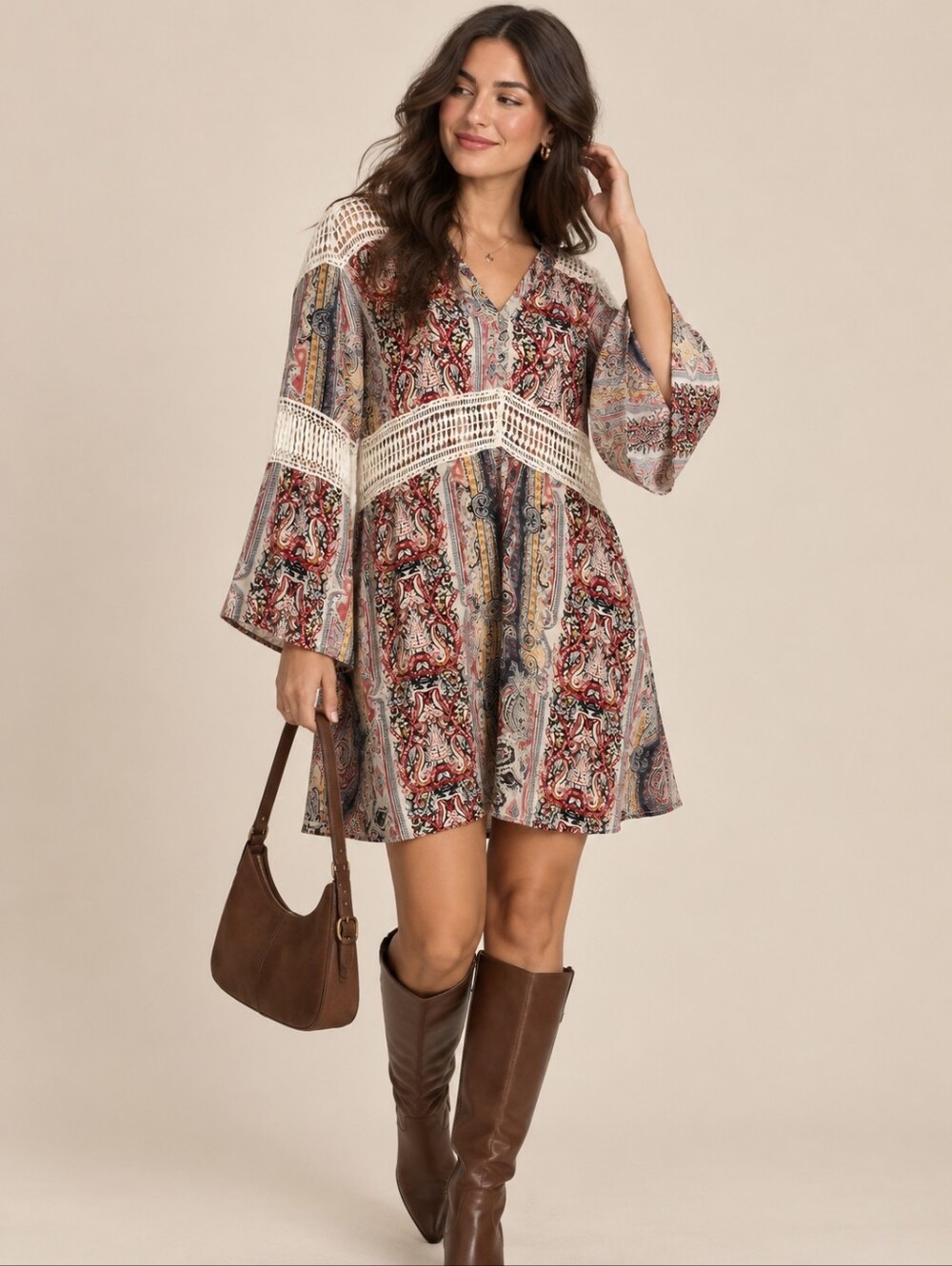 Lord&Taylor Paisley Crochet Trim Boho Chic Tunic Dress Bell Sleeves Cowgirl